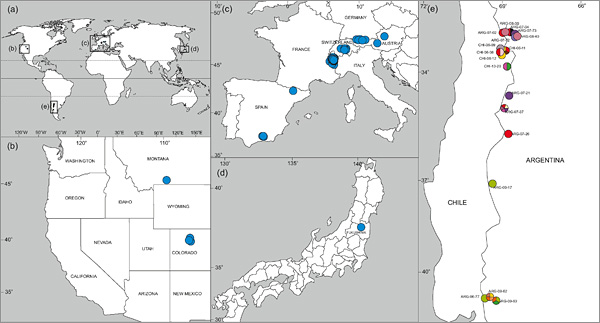 A compilation of maps of several regions of the world with marked locations of occurrence of different genotypes