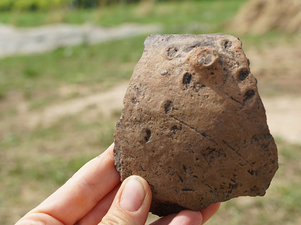 A hand holding a fragment of a clay vessel