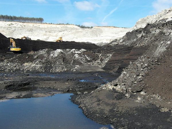 Yellow excavators and bulldozers work on a black pile of lignite. In the foreground, a large puddle