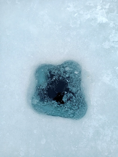 An irregularly shaped hole in the ice. The dark blue color of the water contrasts with the almost white ice