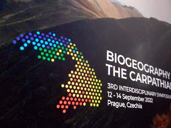 The conference logo displayed on the wall with a projector: colorful dots forming the shape of the Carpathian mountain range