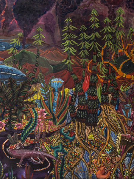 A colorful forest of prehistoric plants against the backdrop of smoking volcanoes and a dark purple, gloomy sky
