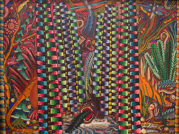 Lizards with open mouths among large fern leaves. The leaves shimmer with unnatural colors