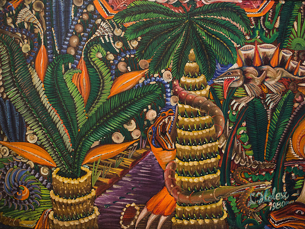 Two trees with thick trunks and leaves similar to palm leaves. Between them, an orange lizard with its mouth wide open