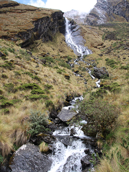 A foaming stream flowing rapidly down a steep slope. Around it is a grassland of brown grass with green spots of other plants