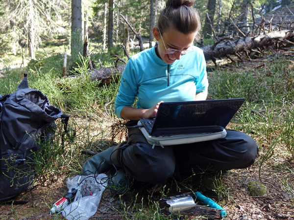 A woman sits on the ground typing something into a laptop resting on her knees. In the background, a forest and a fallen tree