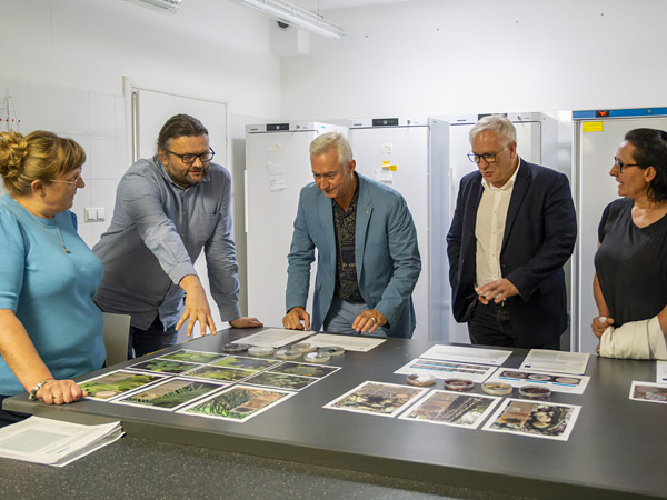 Several people lean over a large counter. They look at large, colorful photographs of microscopic fungi and share their notes
