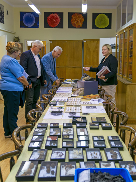 Four people talk at a long wooden table and look at specimens in boxes of various sizes spread out on it